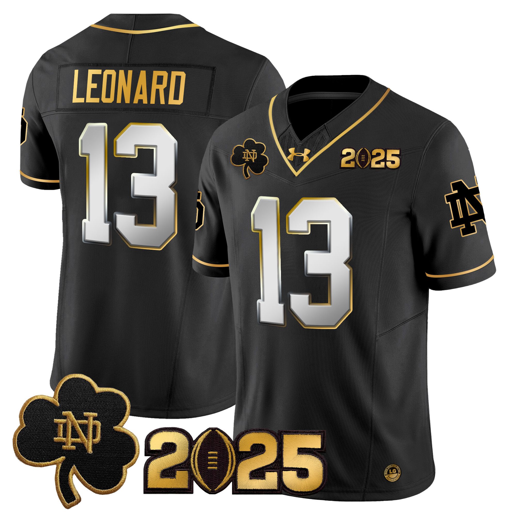 Men Notre Dame Fighting Irish 13 Leonard Black 2025 CFP Final Patch Gold Vapor Limited NCAA Jersey style 2
